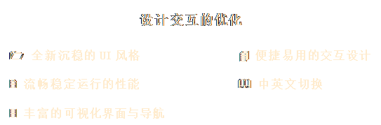 文本框: 设计交互的优化

1 全新沉稳的UI风格              4 便捷易用的交互设计 

2 流畅稳定运行的性能              & 中英文切换 

3 丰富的可视化界面与导航
